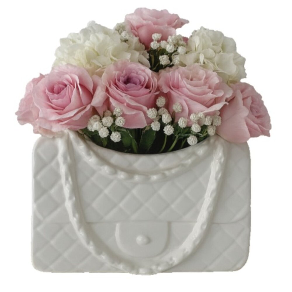 White Quilted Handbag Vase Ceramic Purse Planter Vanity Decor